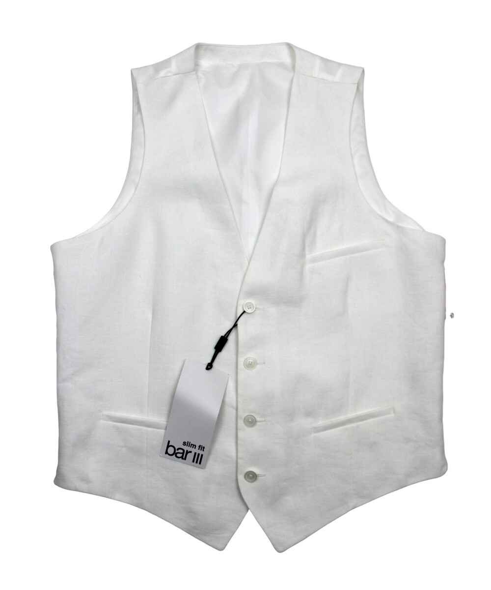 Bar III Vest Mens Small White Slim Fit Linen Dress Wedding Formal Suit Vest